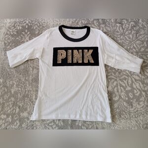 Victoria's Secret Pink Long Sleeve White T-Shirt w/Gold Sequin Pink Print Medium